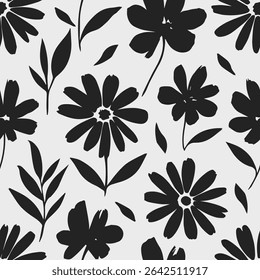 Flores padrão sem costura com folhas de tinta branca floral selvagem em um fundo preto. Ilustração de planta de pintura de pincel desenhada à mão. Natureza botânica fundo infinito.