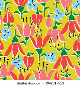 Flowers seamless pattern with yellow background. Ideal for textile clothes, wallpaper, books, cards