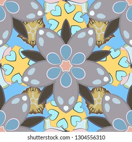 Flowers seamless pattern in yellow, blue and gray colors. Cute vector floral background.