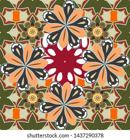 Flowers seamless pattern in yellow, red and green colors. Cute vector floral background.