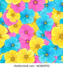 Flowers seamless pattern/background. Vector image of a lot of colored flowers.