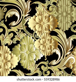 Flowers seamless pattern.Floral black background wallpaper with vintage decorative  3d gold flowers, antique leaves, baroque ornaments.Flourish endless fabric  texture.Modern flowery damask pattern.