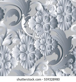 Flowers seamless pattern.Floral white background wallpaper with vintage decorative volumetric 3d white flowers,antique leaves, baroque ornaments.Flourish endless fabric  texture.Modern  damask pattern