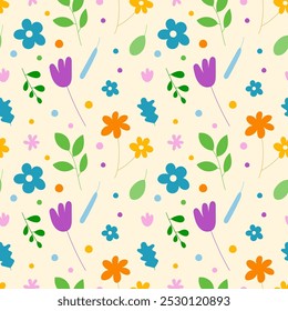 Flowers seamless pattern.Flowers and leaves repeat pattern isolated on background for paper or textiles.Vector graphic illustration.