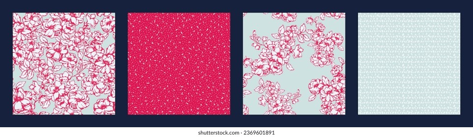 Flowers seamless patterns. Vector hand drawn blooming flowers silhouette, texture shapes, spots, dots. Templates for design, fabric, fashion, textile