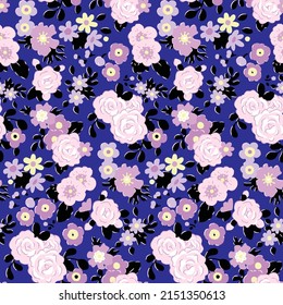 Flowers seamless repeat pattern in navy