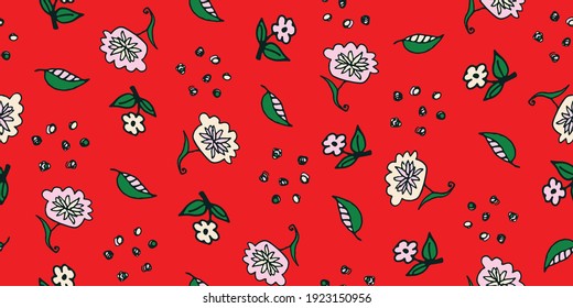 Flowers and seeds doodle seamless vector pattern. Bright girly surface print design for fabrics, stationery, scrapbook paper, gift wrap, textiles, and packaging.