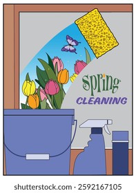 Flowers are seen through a cleaned window.