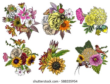 Flowers. Set of 6 bouquets. Floral collection with various plants. Poppy, roses, sunflower, aster, chamomile. For wedding and women day cards design purpose. Hand drawn illustration, vector.