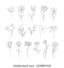 Blumenset, abstrakter Ausdruck, kontinuierliche Zeilenzeichnung, einzelne Linie auf weißem Hintergrund, einzelne Vektorgrafik. Line Art. Tattoo und Logo Design für ein Spa oder Schönheitssalon. 