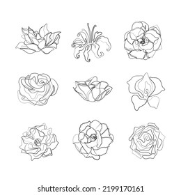 Flowers set, abstract print continuous line drawing, single line on a white background, isolated vector illustration. Line art. Tattoo and logo design for a spa or beauty salon. 