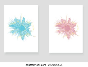 flowers set with alcohol ink texture on background, hand drawn vector watercolor illustration