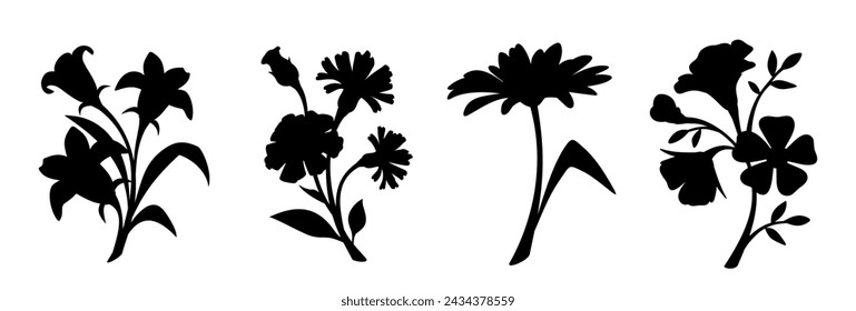 Flowers. Set of black silhouettes of flowers isolated on a white background. Vector illustration. Hand-drawn illustration, not AI