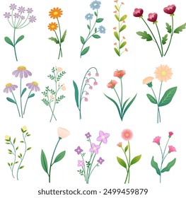 Flowers set, blooming flowers, Vector flowers, season vector for decor, Posters for the spring holiday.