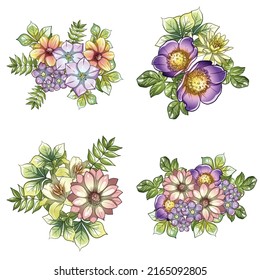 Flores puestas. Colección de elementos florales