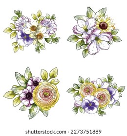 Flores puestas. Colección de elementos florales