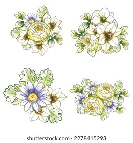 Flores puestas. Colección de elementos florales