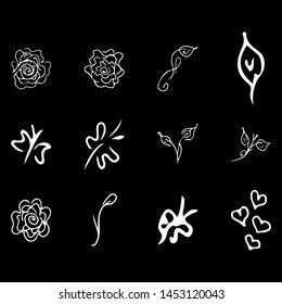 Flowers set collection outline for decorative design. Vector outline icon. Hand sketch. . Isolated vector illustration. Vintage floral pattern. Hand drawn doodle illustration.