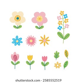 Flowers set, cute spring flowers collection vector illustration