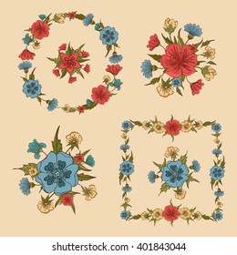 Flowers Set. Floral Frames and Wreath. Greeting Card Decoration. Vector illustration