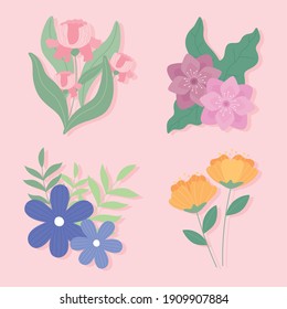 flowers set, flower leaves nature and botanical decoration vector illustration