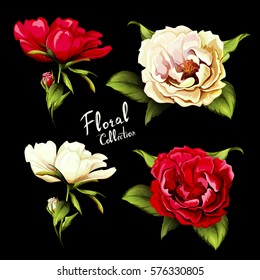 Flowers. Set of four different colored flowers. Wild roses. Hand drawn illustration, vector - stock