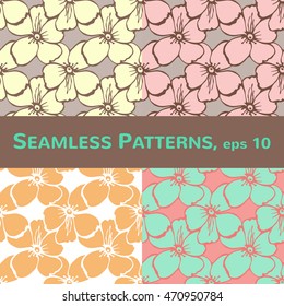 Flowers. Set of four seamless patterns. Apricot, green, pink, brown and white. Vector. Illustration. For packaging design, labels, Wallpaper, fabric, cosmetic, juice, ice cream.