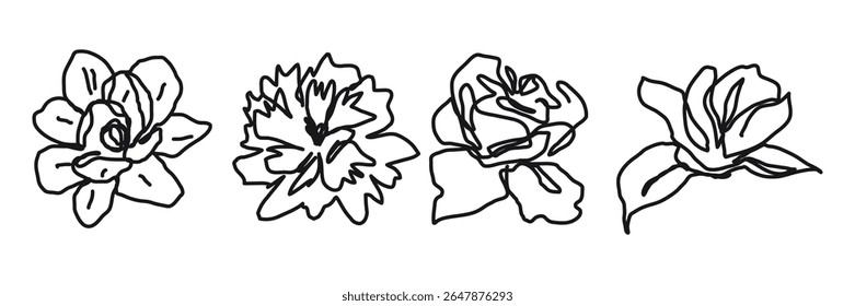Dibujo de línea de boceto negro dibujado a mano de flores aislado sobre fondo blanco. Diseño botánico minimalista de flores lineales Abstractas. Plantilla Floral para Diseño Botánico. Ilustración vectorial. No es IA