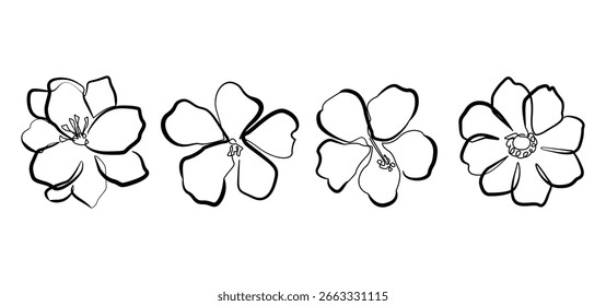 Conjunto de flores dibujado a mano estilo de arte de una línea. Plantillas de diseño de arte de línea floral de Vector para póster, impresión, redes sociales, Fondo de pantalla. Ilustración creativa de contorno de flores mínimas. No es IA