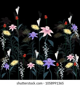 Flowers set isolated on black background. Modern design for t-shirt,print material,cloth and textile. For invite and wedding card,wallpaper,poster,greeting card. Creative trendy art