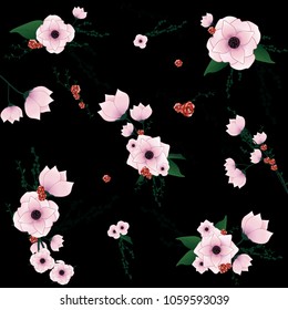 Flowers set isolated on black background. Modern design for t-shirt,print material,cloth and textile. Useful for invite and wedding card,wallpaper,poster and greeting card. Creative trendy art