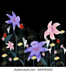 Flowers set isolated on black background. Modern design for t-shirt,print material,cloth and textile. Useful for invite and wedding card,wallpaper,poster and greeting card. Creative trendy art