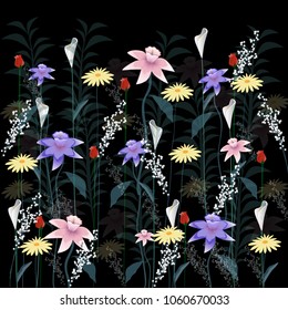 Flowers set isolated on black background. Modern design for t-shirt,print material,cloth and textile. Useful for invite and wedding card,wallpaper,poster and greeting card. Creative trendy art