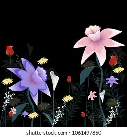 Flowers set isolated on black background. Modern design for t-shirt,print material,cloth and textile. Useful for invite and wedding card,wallpaper,poster and greeting card. Creative trendy art