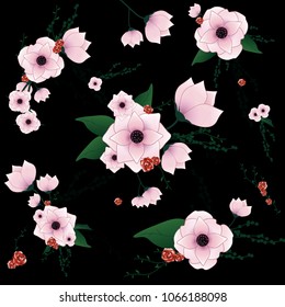Flowers set isolated on black background. Modern design for t-shirt,print material,cloth and textile. Useful for invite and wedding card,wallpaper,poster and greeting card. Creative trendy art