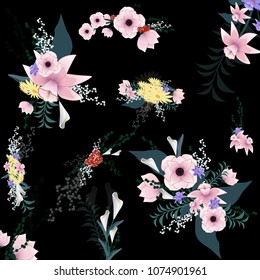 Flowers set isolated on black background. Modern design for t-shirt,print material,cloth and textile. Useful for invite and wedding card,wallpaper,poster and greeting card