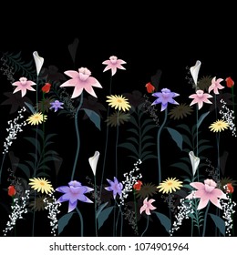 Flowers set isolated on black background. Modern design for t-shirt,print material,cloth and textile. Useful for invite and wedding card,wallpaper,poster and greeting card