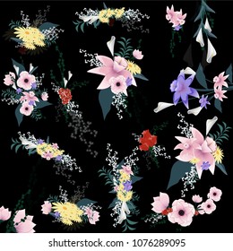 Flowers set isolated on black background. Modern design for t-shirt,print material,cloth and textile. Useful for invite and wedding card,wallpaper,poster and greeting card. Creative trendy art