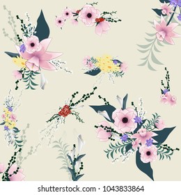 Flowers set isolated on bright background.Modern design for t-shirt,print material,cloth and textile.For invite and wedding card,wallpaper,poster,greeting card.Creative trendy art,vector illustration