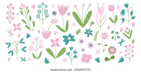 Flowers set isolated on white background. Floral elements. Vector flat illustration.