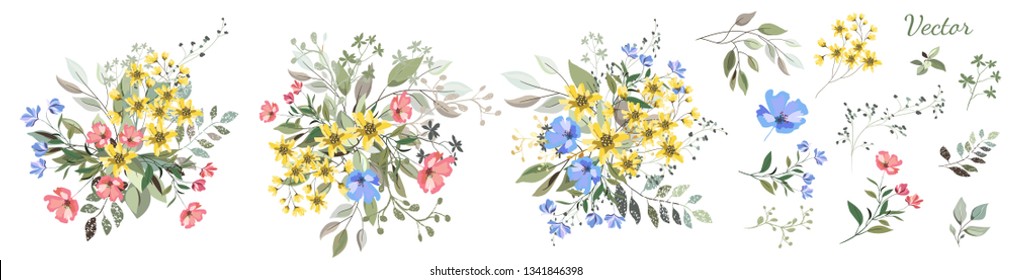 Flowers. Set: Leaves, Wildflowers, Twigs, Floral Arrangements And Designer Vector Hand Drawn Elements.