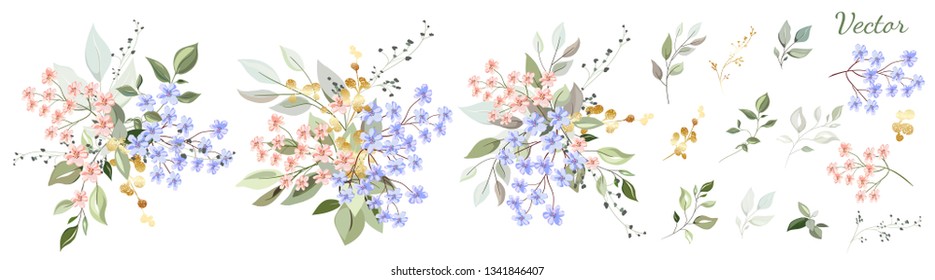 Flowers. Set: leaves, wildflowers, twigs, floral arrangements and designer vector hand drawn elements.