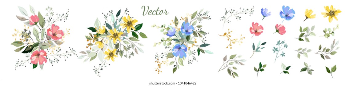 Flowers. Set: leaves, wildflowers, twigs, floral arrangements and designer vector hand drawn elements.