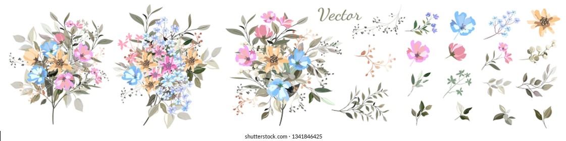 Flowers. Set: leaves, wildflowers, twigs, floral arrangements and designer vector hand drawn elements.