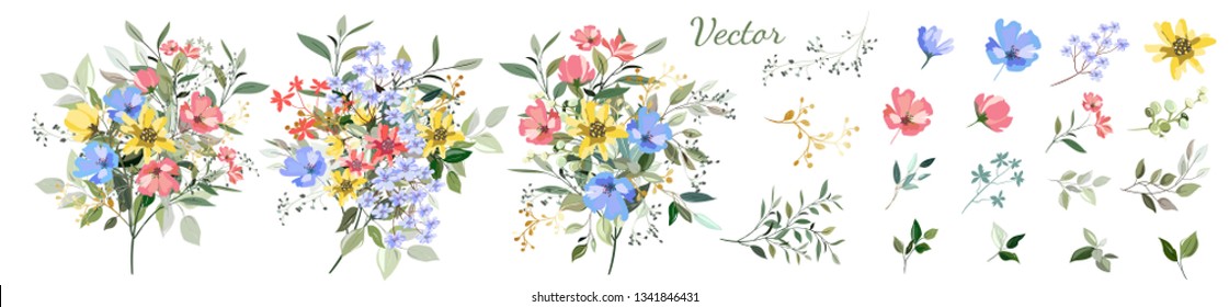 Flowers. Set: leaves, wildflowers, twigs, floral arrangements and designer vector hand drawn elements.