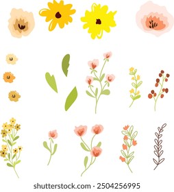 Flowers. Set, leaves, wildflowers, twigs, floral arrangements and hand-drawn designer vector elements.