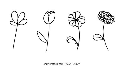 Flowers set in outline doodle flat style. Vector illustration set on white background.