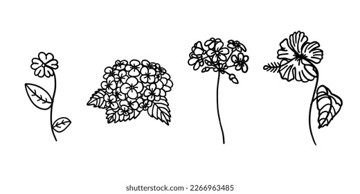 Flowers set in outline doodle flat style. Vector illustration set on white background.