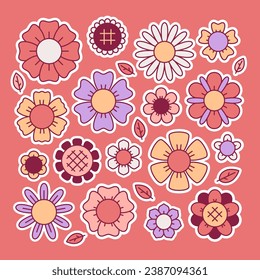 Flores puestas. Paquete de pegatinas en estilo retro de moda. Elementos de trazo editables.Isolación de ilustración vectorial.
