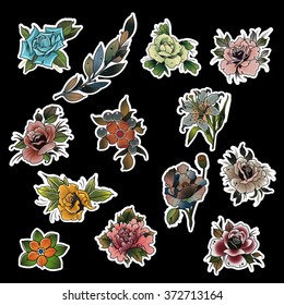 Flowers Set Stickers in Traditional Tattoo Style